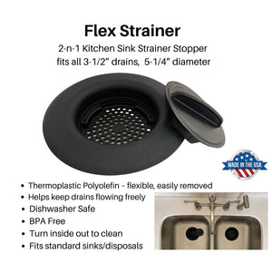 
            
                Load image into Gallery viewer, FLI Products Flex Strainer DPFS1010-1 Kitchen Sink Strainer and Drain Stopper All in One Fits All 3-1/2” Drains and Disposals, 5-1/4” Diameter, USA MADE Thermoplastic Material Black
            
        