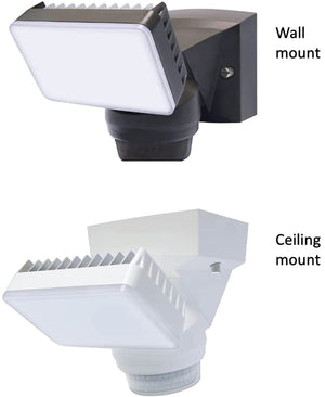 IQ America Motion Security Flood Light 1600 Lumen LED Outdoor Wall Eave or Soffit Universal Mt Shed Storage Attic Workshop Garage Light Bronze FLI Products