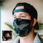 30X Mask, gray camo, ear loop mask, worn by a young man,  Split Mask Pack