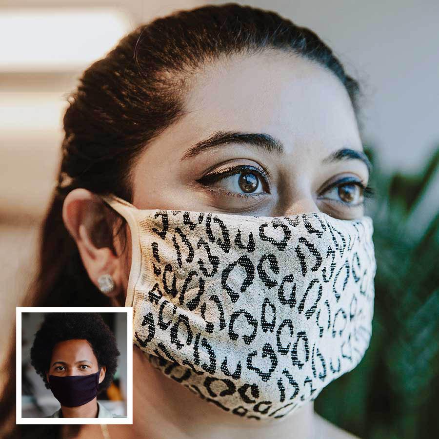 30X Mask, Créme Leopard ear loop mask, worn by a young woman, Split Mask Pack