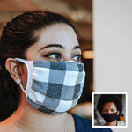 30X Mask, white buffalo plaid, ear loop mask, worn by a young woman,  Split Mask Pack