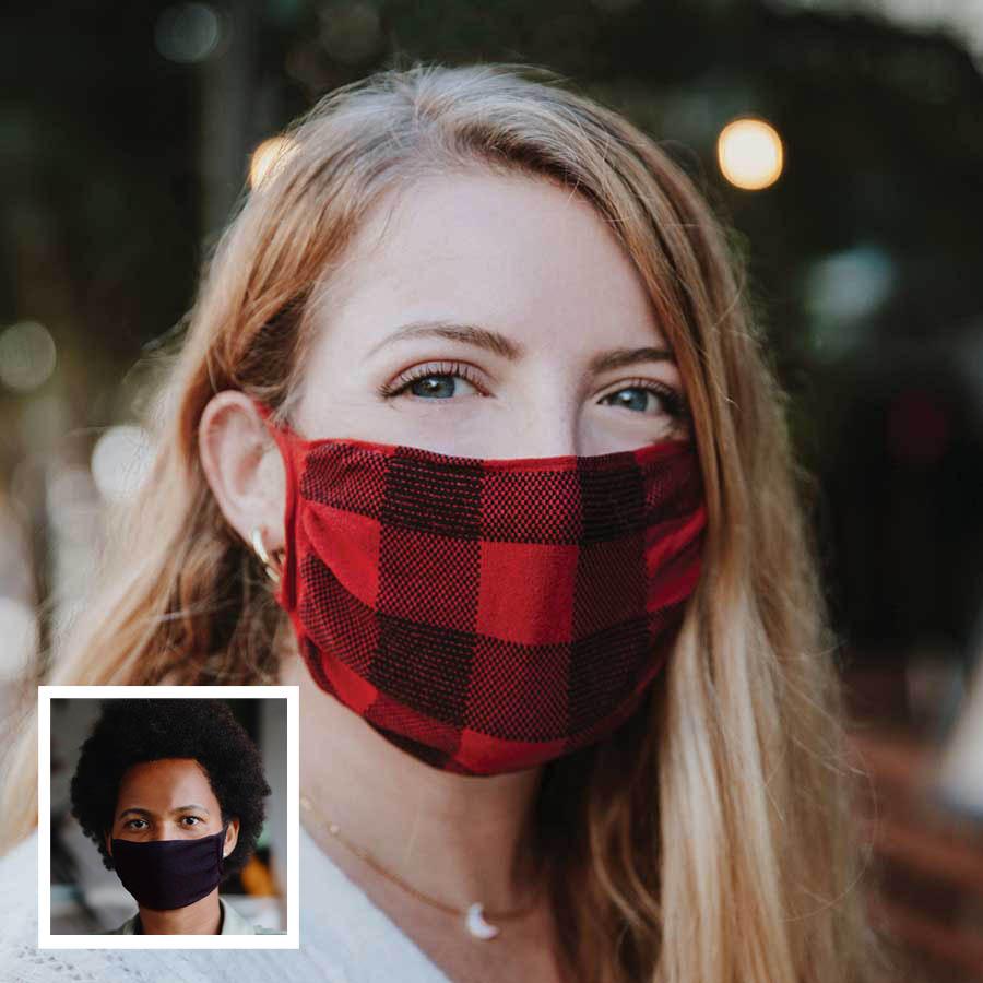 
            
                Load image into Gallery viewer, 30X Mask, red buffalo plaid, ear loop mask, worn by a young woman outside,  Split Mask Pack
            
        