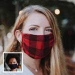 30X Mask, red buffalo plaid, ear loop mask, worn by a young woman outside,  Split Mask Pack