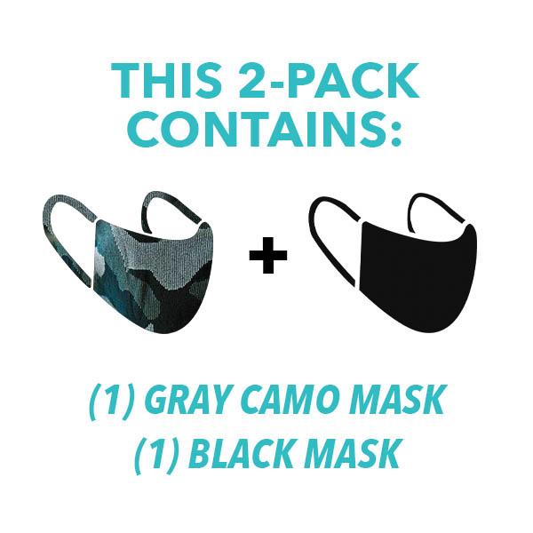 
            
                Load image into Gallery viewer, 30X Mask, gray camo, ear loop mask, and Black ear loop mask, split pack
            
        