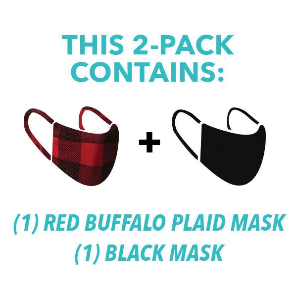 30X Mask, red buffalo plaid, ear loop mask, and Black ear loop mask, split pack