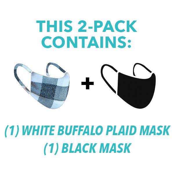 30X Mask, white buffalo plaid, ear loop mask, and Black ear loop mask, split pack