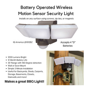 IQ America LB1912BZ Motion Security Flood Light, Battery Operated Motion Sensor, 1200 Lumen LED, Wall or Eave Soffitt Universal Mount Indoor Outdoor Closet Shed Storage Attic Workshop Garage Safe Grill Light Bronze