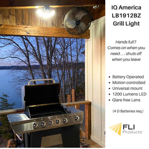 IQ America LB1912BZ Motion Security Flood Light, Battery Operated Motion Sensor, 1200 Lumen LED, Wall or Eave Soffitt Universal Mount Indoor Outdoor Closet Shed Storage Attic Workshop Garage Safe Grill Light Bronze