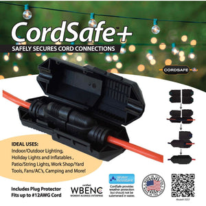 CordSafe PLUS Extension Cord Plug Protective Safety Cover, Water-Resistant Indoor Outdoor, Keep Cords Connected, For Patio Bistro String Lights Holiday Lights Christmas Lights Power Tools Fans