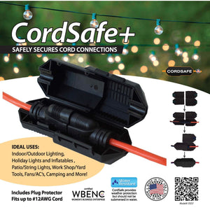 
            
                Load image into Gallery viewer, CordSafe PLUS Extension Cord Plug Protective Safety Cover, Water-Resistant Indoor Outdoor, Keep Cords Connected, For Patio Bistro String Lights Holiday Lights Christmas Lights Power Tools Fans
            
        