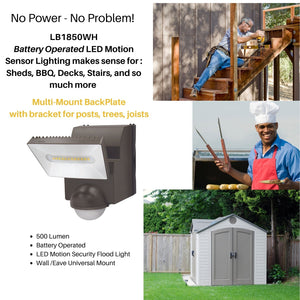 IQ America LB1850WH Motion Security Flood Light, Battery Operated, 500 Lumen LED, Indoor Outdoor Universal Eave Soffit or Wall Mt Closet Shed Storage Attic Workshop Garage Safe Grill Light White
