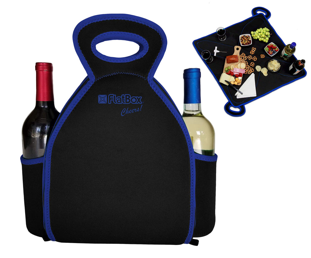 FlatBox Cheers Neoprene Triple Insulated Wine Tote Lunch Bag Lunch Tote with 2 Beverage Side Pockets Machine Washable Reusable Unzips Flat into a Placemat, Clean Eating Anywhere, Replaces Kids, Women, Mens Medium Large Lunch Box Cooler Bag, Black/Blue