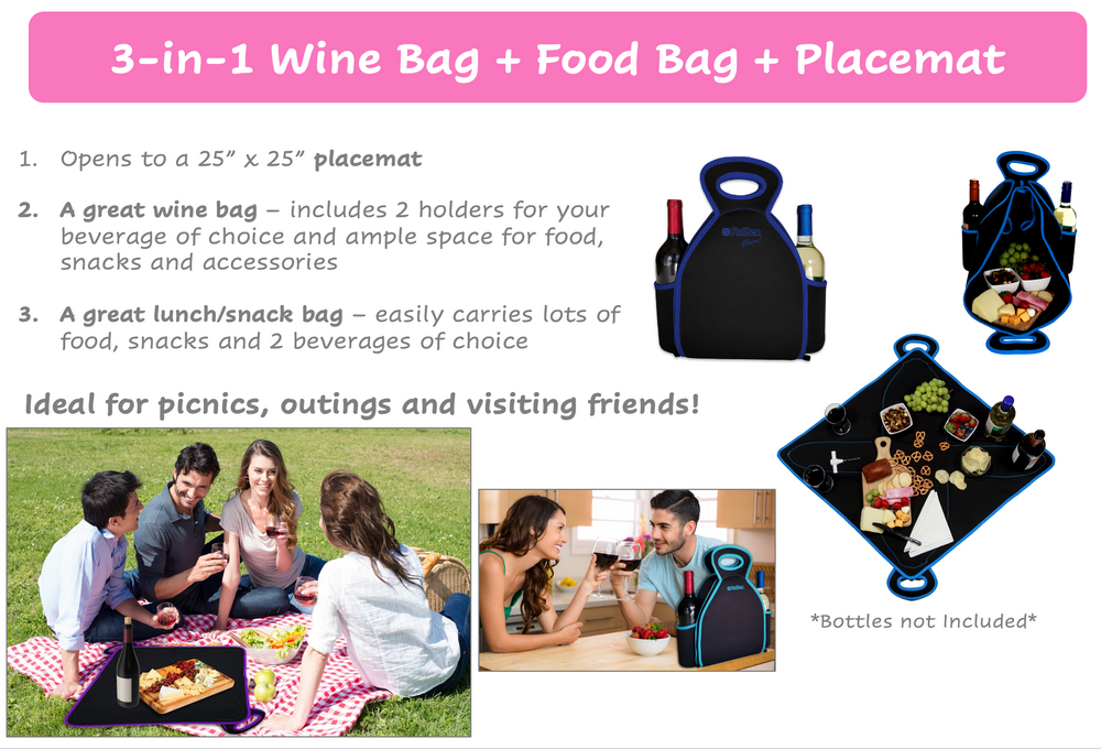 FlatBox Cheers Neoprene Wine Tote Lunch Bag Lunch Tote with 2 Beverage Side Pockets Black/Blue