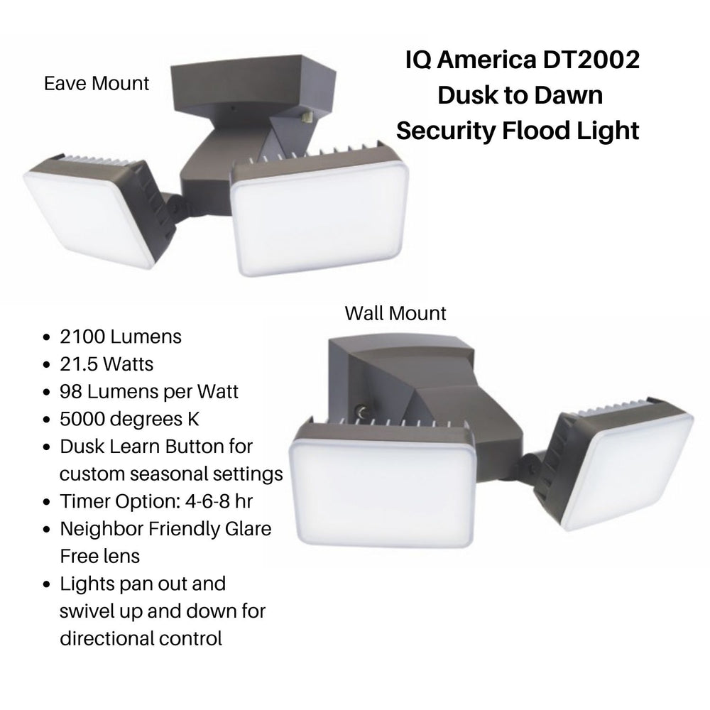 Image of Premium Product: Iq America Dt2002 Led Dusk To Dawn Security Flood Light W Timer 2100 Lumens Eave Or Wall Mount Bz, highlighting its features and quality.