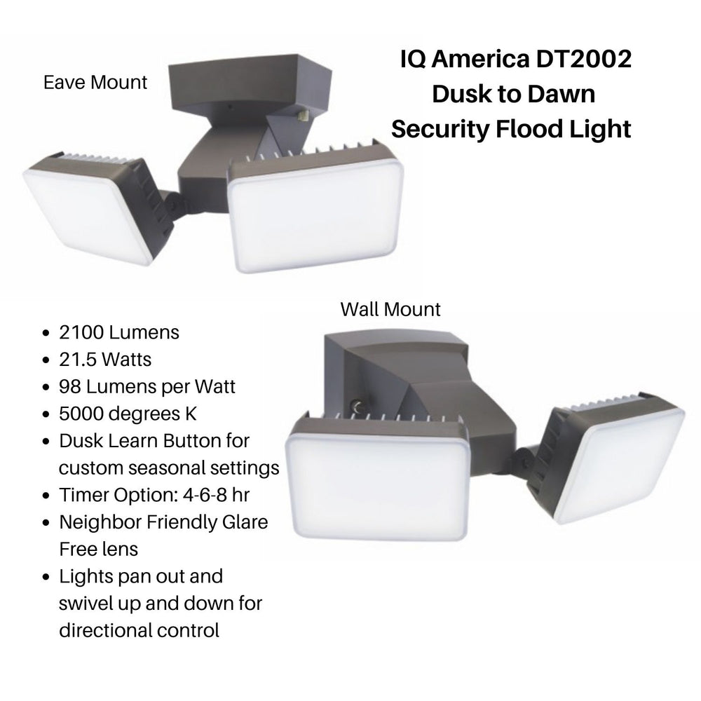 IQ America DT2002 Dusk-to-Dawn Security Flood Light w Timer, 2100 Lumen LED, Eave Soffit or Wall Mount Energy Saving Outdoor Weatherproof Commercial Residential BZ