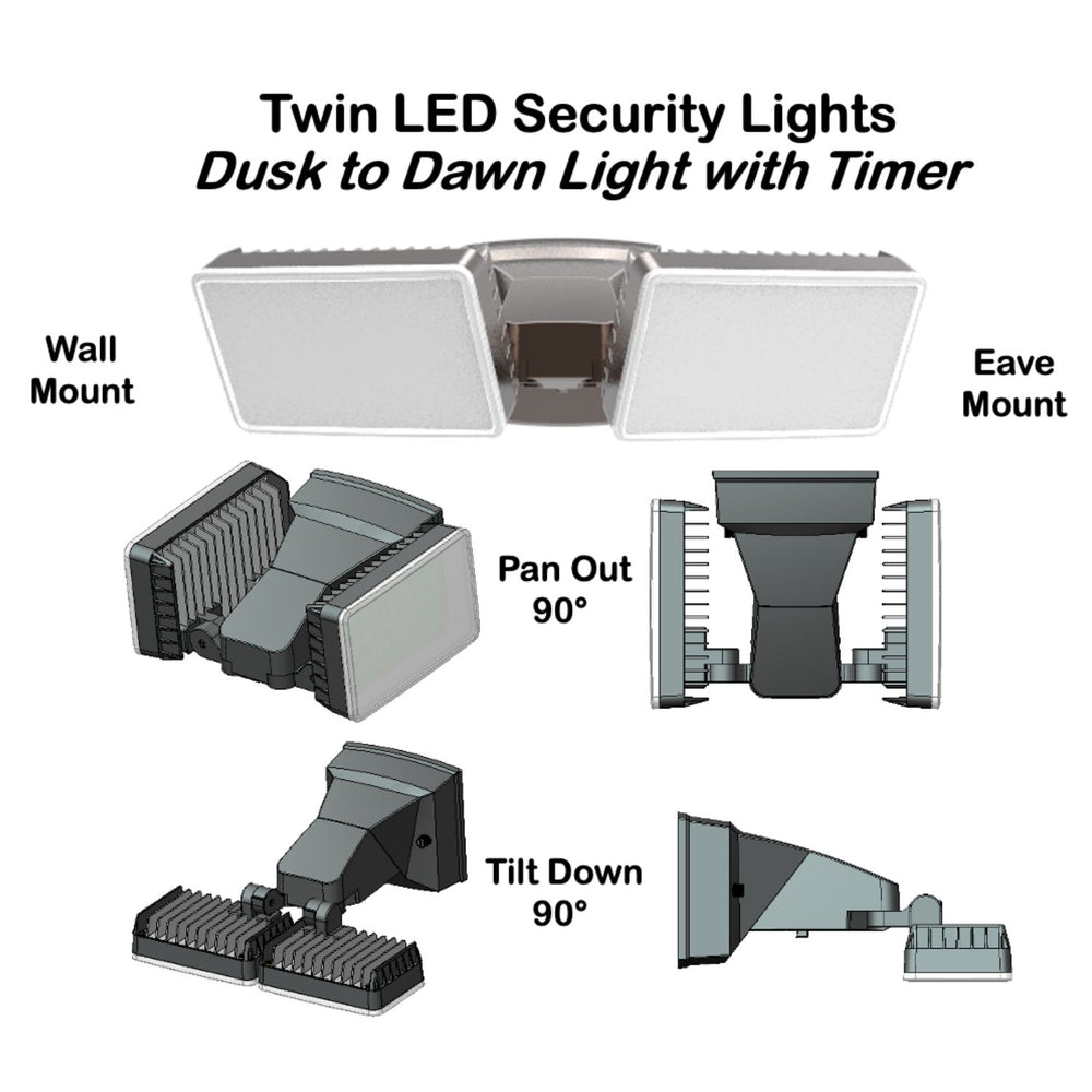 IQ America DT2002 Dusk-to-Dawn Security Flood Light w Timer, 2100 Lumen LED, Eave Soffit or Wall Mount Energy Saving Outdoor Weatherproof Commercial Residential BZ