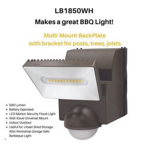 IQ America LB1850WH Motion Security Flood Light, Battery Operated, 500 Lumen LED, Indoor Outdoor Universal Eave Soffit or Wall Mt Closet Shed Storage Attic Workshop Garage Safe Grill Light White