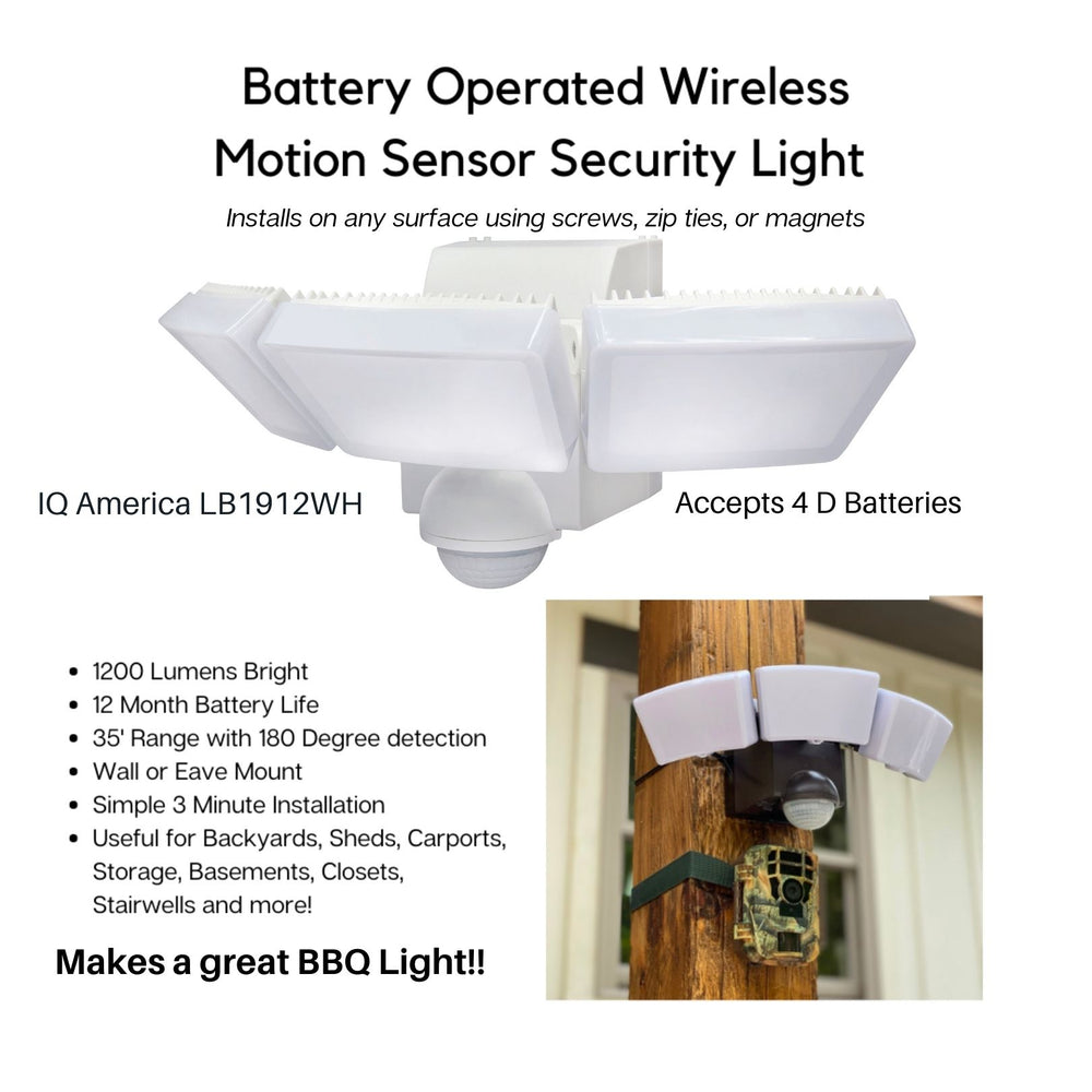 IQ America LB1912WH Motion Security Flood Light, Battery Operated Motion Sensor, 1200 Lumen LED, Wall or Eave Soffitt Universal Mount Indoor Outdoor Closet Shed Storage Attic Workshop Garage Safe Grill Light White