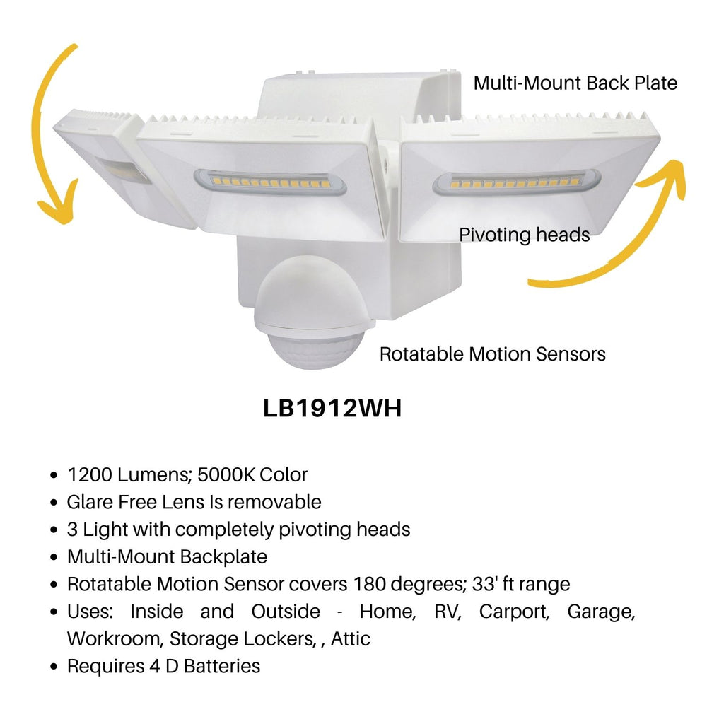 IQ America LB1912WH Motion Security Flood Light, Battery Operated Motion Sensor, 1200 Lumen LED, Wall or Eave Soffitt Universal Mount Indoor Outdoor Closet Shed Storage Attic Workshop Garage Safe Grill Light White