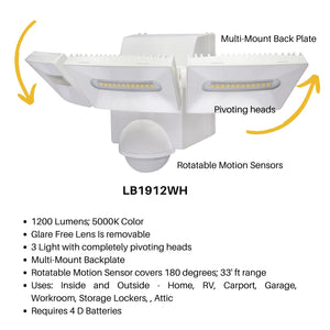 IQ America LB1912WH Motion Security Flood Light, Battery Operated Motion Sensor, 1200 Lumen LED, Wall or Eave Soffitt Universal Mount Indoor Outdoor Closet Shed Storage Attic Workshop Garage Safe Grill Light White